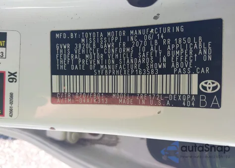 2014 Toyota Corolla Le Eco из США, поврежденный, VIN 5YFBPRHEXEP163583